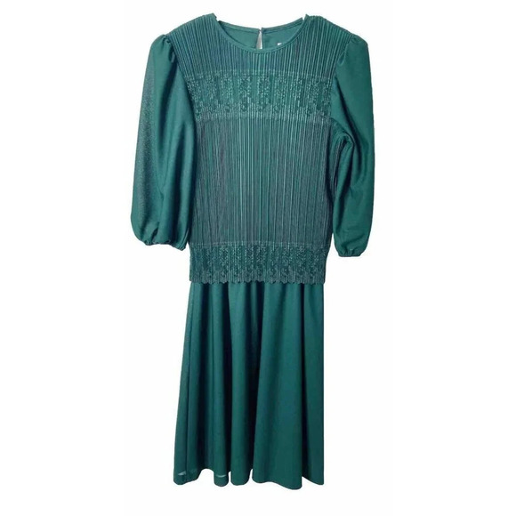 Vintage Good Times Dress 10P Blouson Green Midi Crinkle Pleated Lace 80s Retro - Picture 1 of 10